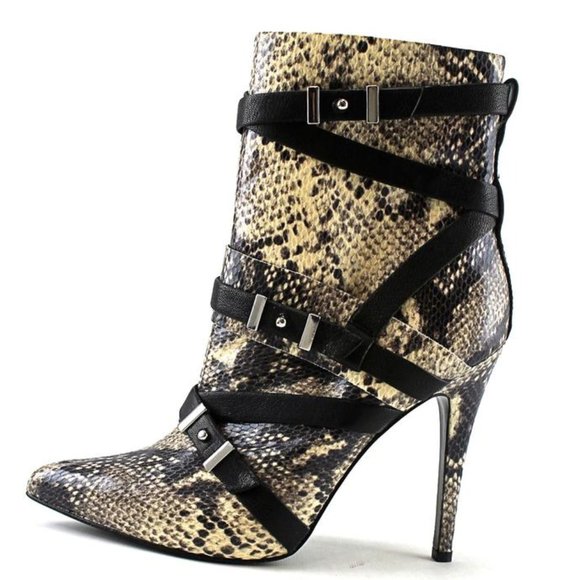 Guess Shoes - Guess Snake Printed Pointed Toe Stiletto Heel Multi Tone Ankle Boot, Sz 7.5 M